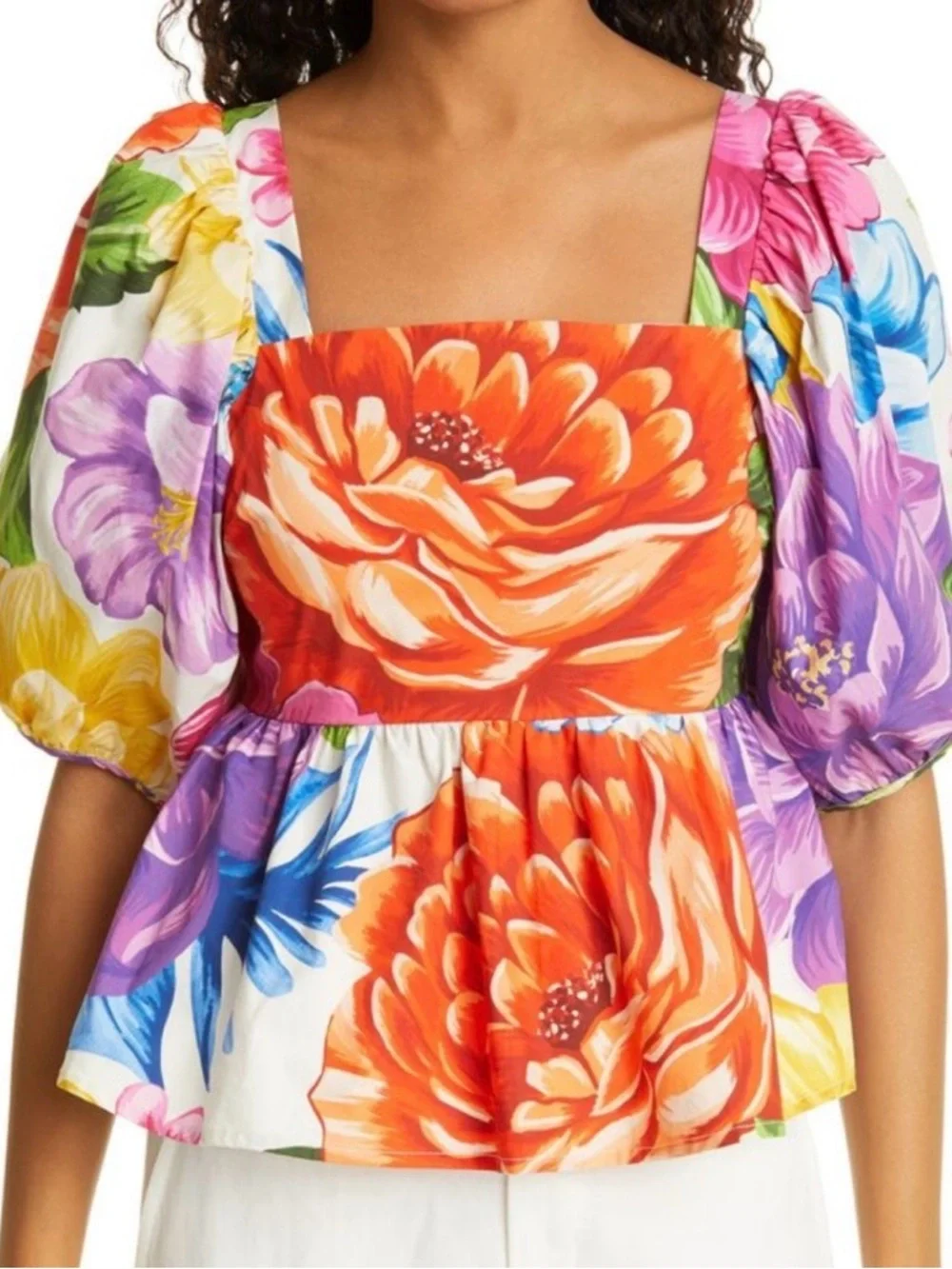 Farm Rio Boho Rainbow Chita Empire-Waist puff Sleeve Blouse Size Small